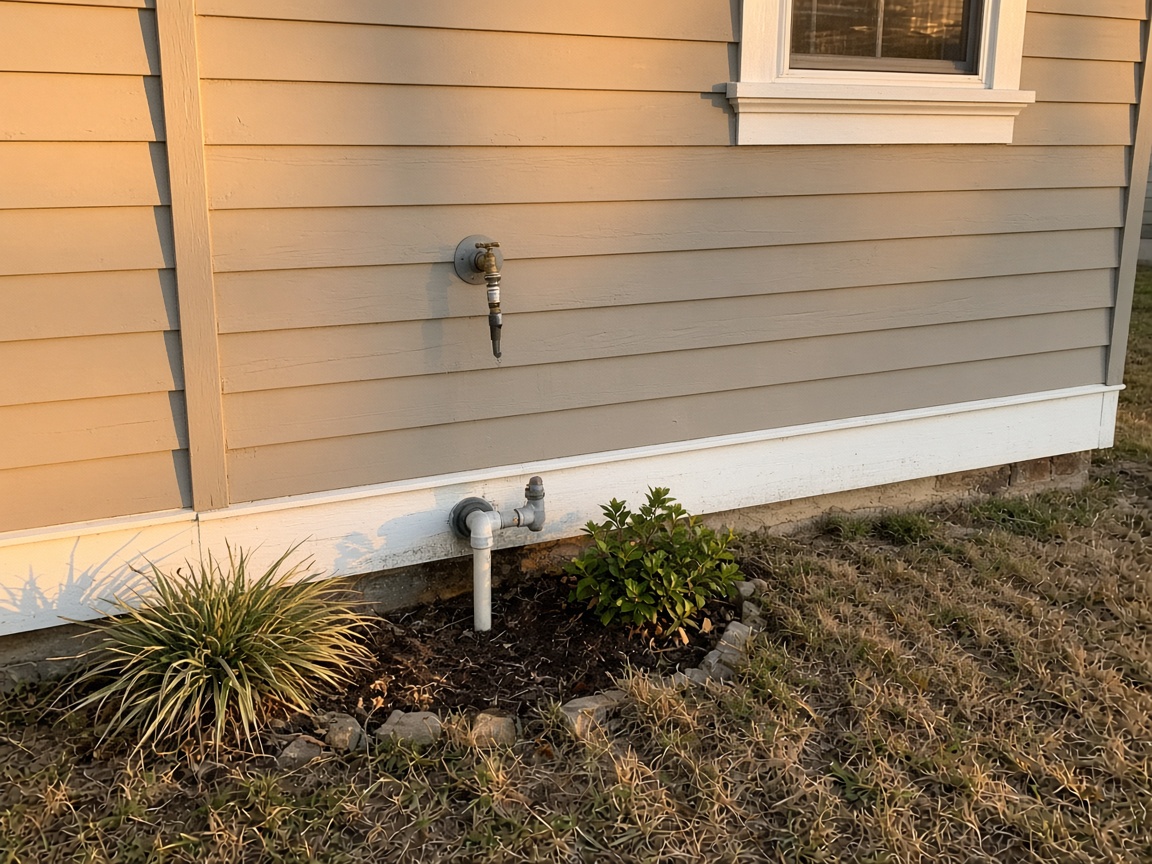 Residential exterior utility connection in warm Texas light